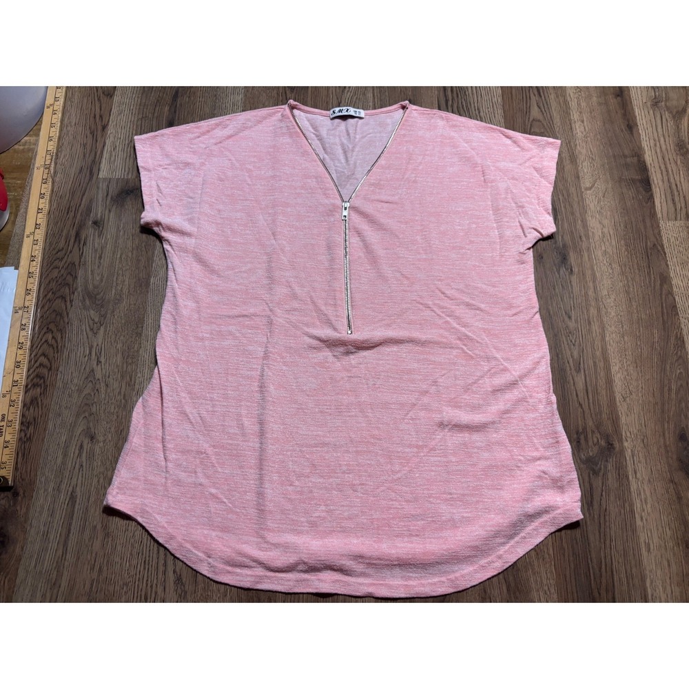 SMX Half Zip T-Shirt Womens XL Pink Adult Short Sleeve Casual Marled Excellent
